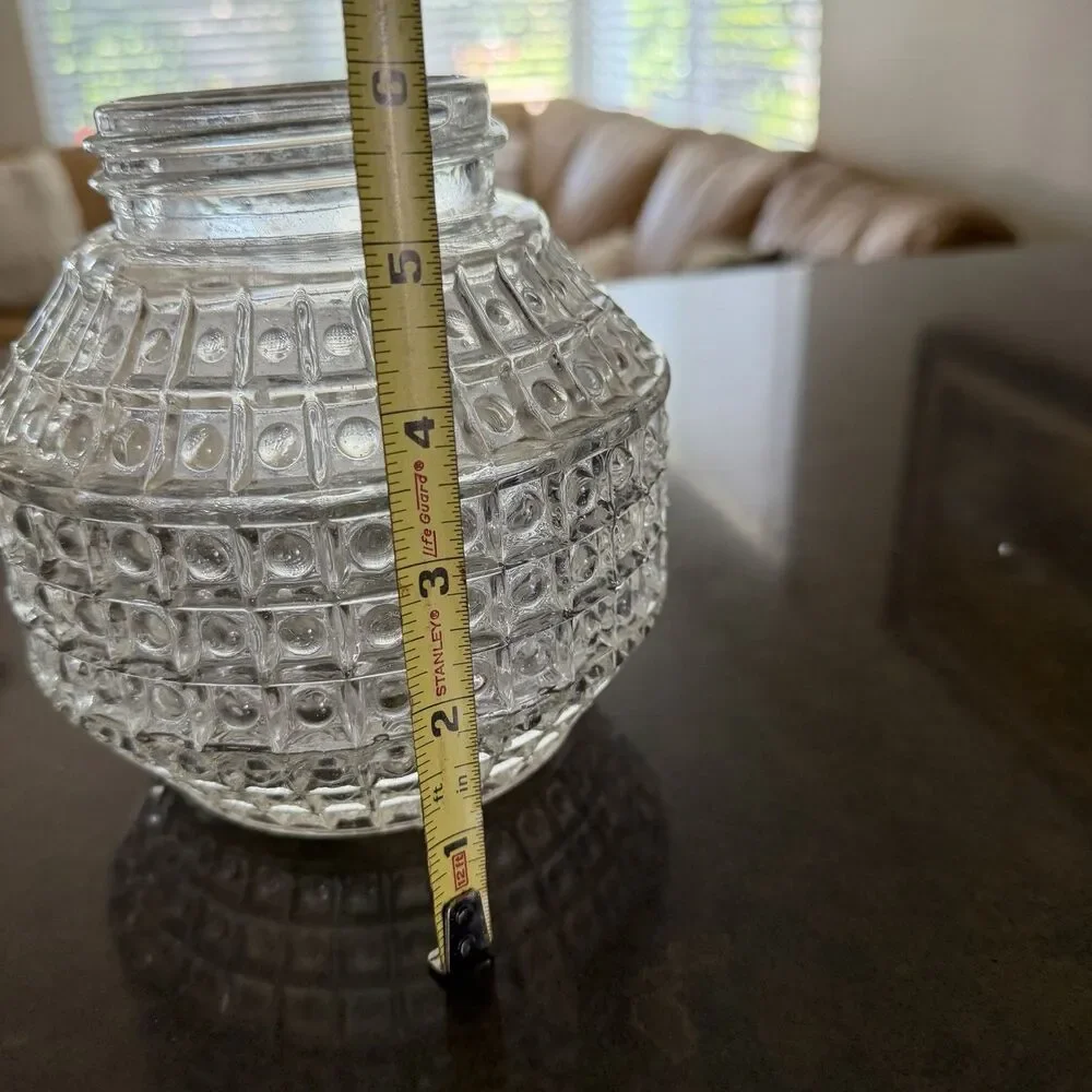 Vtg Waffle Block Pattern Flush Mount Clear Glass Ball Globe Shade Light Fixture